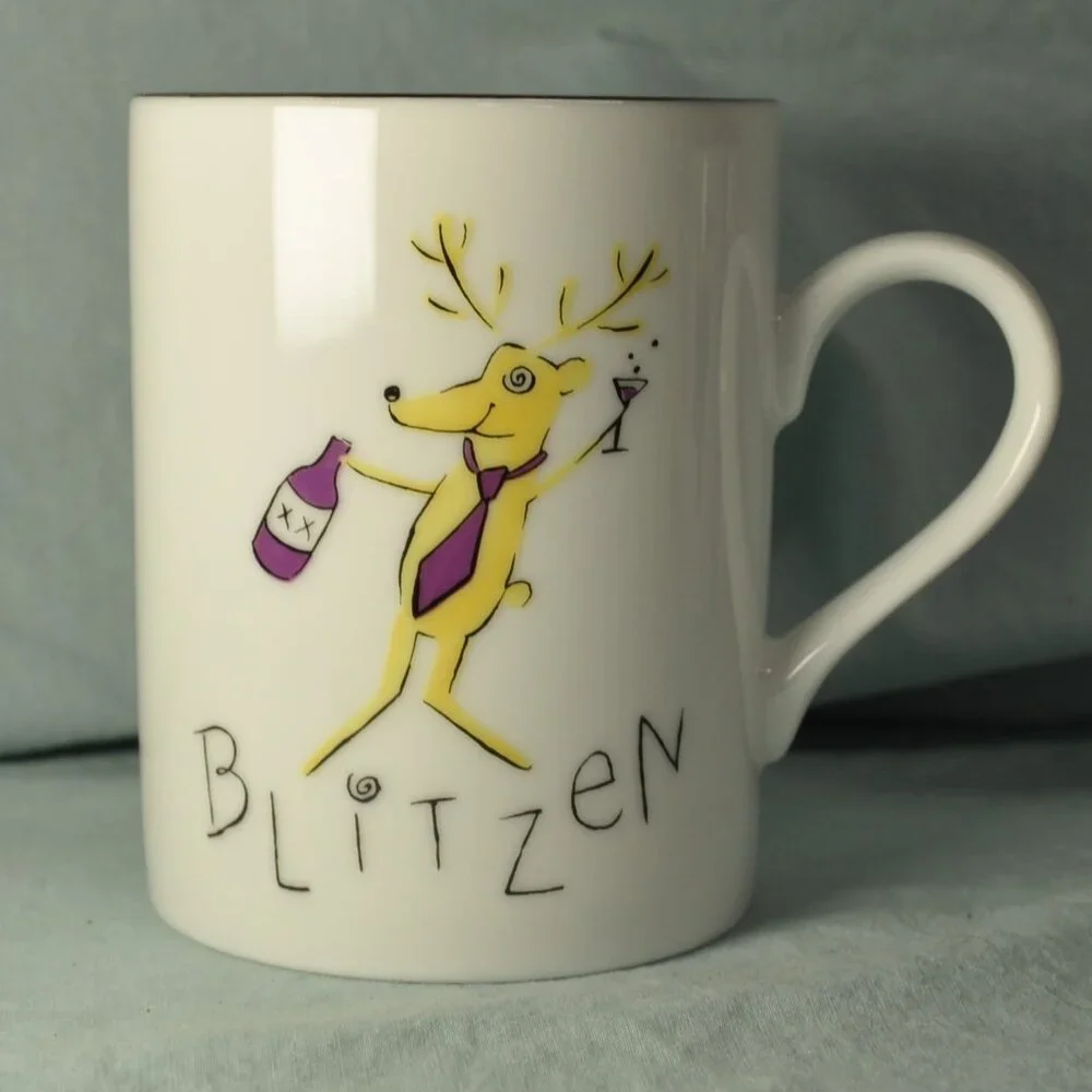 *BOGO mugs* 14 oz mug Blitzen reindeer Pottery Barn (w1288)